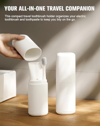 FERYES Travel Toothbrush Holder – 3-in-1 Portable Organizer with Draining Lid & Mouthwash Cup (White)