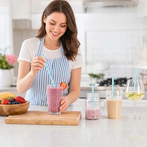 JANYUN 30 Pcs Reusable Blue and White Straws with Cleaning Brush