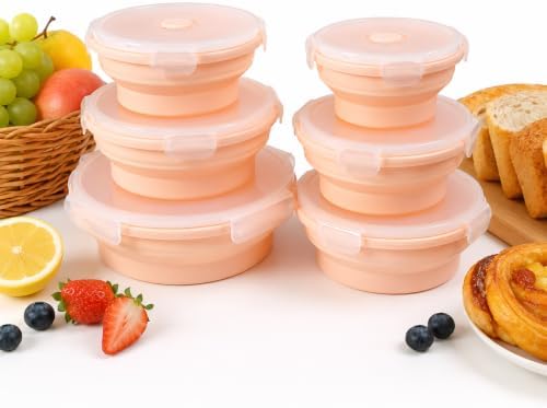 Plus 6PCS Foldable Silicone Food Storage Containers for Kitchen Storage for Leftovers Fruits and Meal Prep Dishwasher Safe Microwave Safe Ideal for Home and Travel (Pink, round)