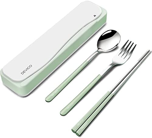 DEVICO Travel Utensils with Case, 4Pcs Portable Silverware Set for Work, 18/8 Stainless Steel Reusable Cutlery, Korean Spoon and Chopsticks Fork for Camping, School, Lunch Box Accessories (Green)