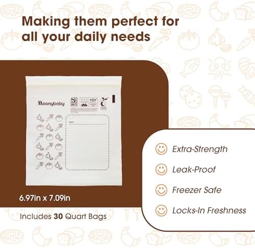 Moonybaby Compostable Quart Size Food Storage Bags (30 Count), Organic Food Storage Container with Food-Safe Zip Seal, Freezer and Leak Proof