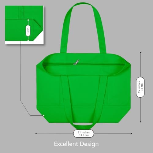TOPDesign 6-Pack Canvas Tote Bags with an External Pocket, Reusable Grocery Shopping Bags, Top Zipper Closure, Daily Essentials (Lime Green)