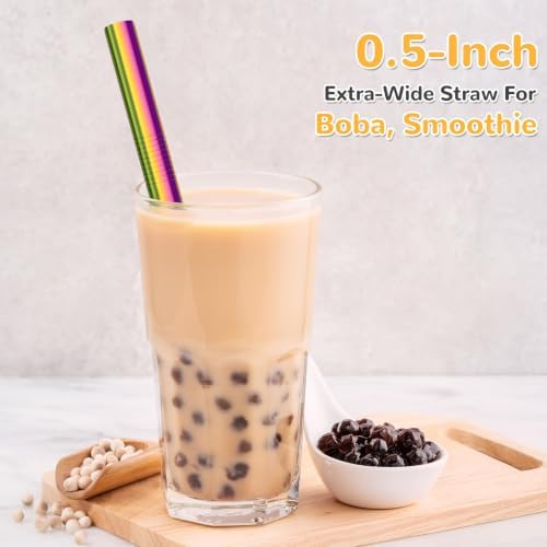 NiHome 8-Pack Stainless Steel Straws for Boba, Smoothie, 10.4” Metal Straws