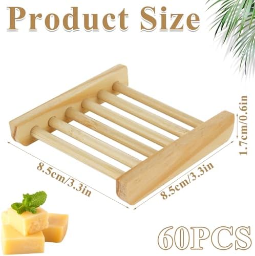 60 PCS Bamboo Soap Dish for Shower 3.3x3.5x0.7 Inch Wooden Soap Holder Self Draining Bamboo Soap Holder Handmade Wooden Soap Dish for Bar Soap Wood Soaps Tray for Bathroom, Shower, Kitchen
