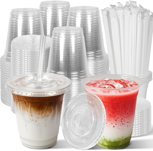 Charmount 50 Sets- 12 oz Clear Plastic Cups with Lids and Straws