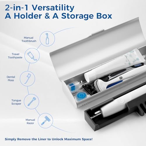 Aluminum Electric Toothbrush Travel Case, 2 in 1 Travel Toothbrush Holder for Oral B/Oral-B Pro 1000 1500 5000 and Most Electric Toothbrush for Traveling, Removable Silicone Liner-Silver
