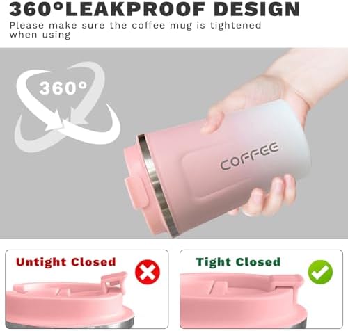 Insulated Travel Coffee Mug, Stainless Steel Coffee Cup with Leakproof Lid