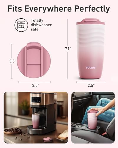 TOURIT 16 oz Insulated Travel Coffee Mug Stainless Steel Tumbler, Pink