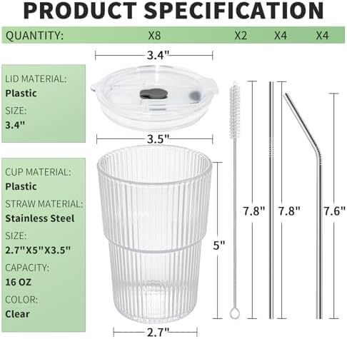 16 OZ Reusable Iced Coffee Cups with Lids and Straws, Unbreakable Plastic Drinking Glasses for Iced Tea, Juice, Water, BPA Free, Dishwasher Safe, Set of 8