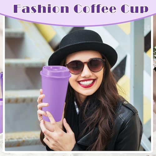 FillTouch 12 Pcs 16 oz Reusable Coffee Cups with Lids, Purple Gradient