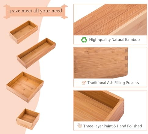 Bamboo Office Supplies Organizer Box Stationery Accessory Organizer Dresser Makeup Tool Drawer Storage Box, Bamboo 8"*4"