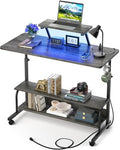 Height Adjustable Standing Desk with Power Outlets and LED Lights - 39" Manual Stand Up Desk with Monitor Stand and Storage Shelves Small Mobile Rolling Computer Desk Portable Laptop Table, Grey Oak