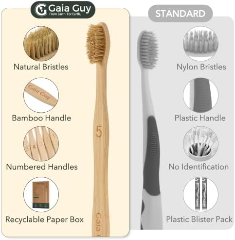 Gaia Guy Boar Bristle Bamboo Toothbrushes – 10 Pack Natural Bristle Toothbrush Set, Plastic-Free & Nylon-Free, Numbered Bamboo Handles, Medium Boar Hair Bristles for Adults & Families