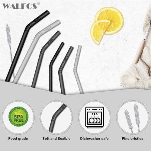 Walfos Silicone Straws - Reusable straws Bendy straws for Smoothies/20 & 30 oz Tumblers, BPA Free. 2 Size (3pcs Wide S + 3 pcs Regular + 2 Cleaning Brushes）