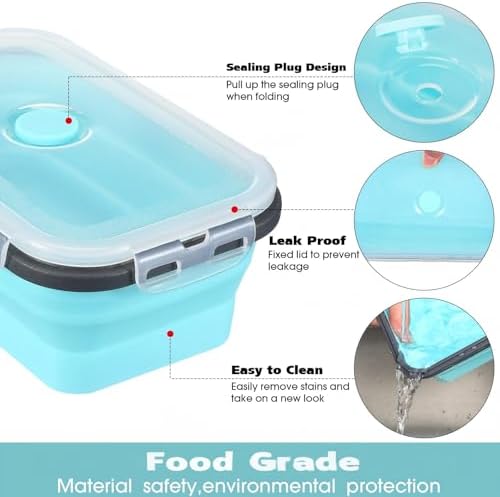 Mimorou 8 Pcs Collapsible Food Storage Containers Foldable Silicone Lunch Containers with Lids 4 Silicone Rectangle Collapsible Bowls and 4 Round Food Bowls Microwave Freezer Dishwasher Safe (Blue)