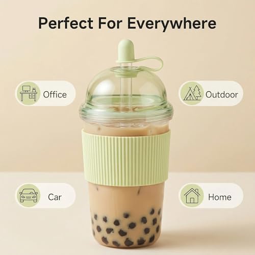 Reusable Ices Coffee Cups with Lids and Straws 17oz, Boba Cup with Straw, Tumbler with Silicone Sleeve for Cold Drinks, Iced Coffee, Bubble Tea Green