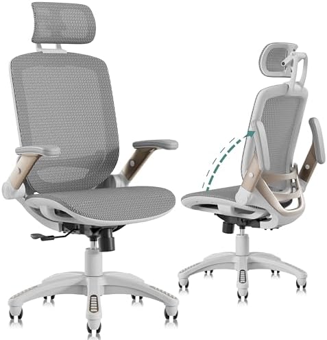 GABRYLLY Ergonomic Office Chair, High Back Home Desk Chair with Headrest, Flip-Up Arms, 90-120° Tilt Lock and Wide Cushion, Big and Tall Mesh Chairs for Man Woman, White Task Chair