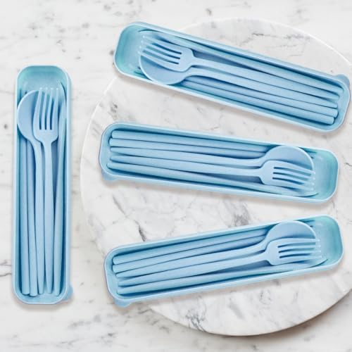 4 Sets Reusable Utensils Set with Case,Camping Cutlery Set Travel Silverware Set with Case Lunch Utensils Set for Work,Utensil Sets for Lunch Picnic Daily Use Outdoor (Lightblue)