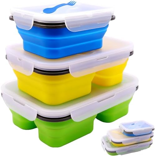 Set of 3 Collapsible Silicone Bento Lunch Boxes With Lids Spoon Fork, Divided Compartments Food Storage Containers, Safe in Microwave, Dishwasher and Freezer, BPA Free (Assorted 3PCS)