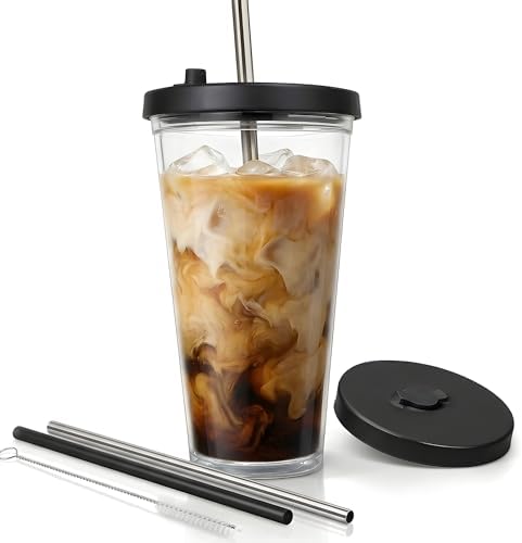 Reusable Iced Coffee Cup with Lid and Straw, 16 oz/Grande, BPA-Free Double-Wall Insulated Plastic Tumbler for Cold Drinks, Includes Clear Plastic Straw, Stainless Steel Straw and Cleaning Brush, Black