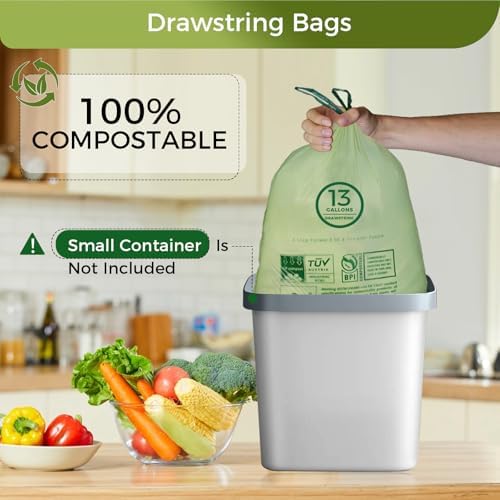 13 Gallon Compostable Trash Bags with Drawstring, Heavy Duty Extra Thick 1 Mil, 49.21 Liter, 30 Bags, Tall Kitchen Food Scrap Waste Bag, ASTM D6400, US BPI and OK Compost Home Certified