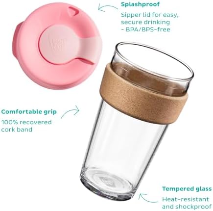 KeepCup Brew Cork, Reusable Glass Tumbler with Natural Cork, Grande Coffee Cup 16oz / 454ml - Moonlight