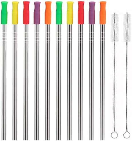 Stainless Steel Metal Straws with Silicone Tips Set of 10 Straight Reusable Drinking Straws for 20oz 30oz Tumblers (10.5'' L 0.24''Dia Staw + 2 Brushes)