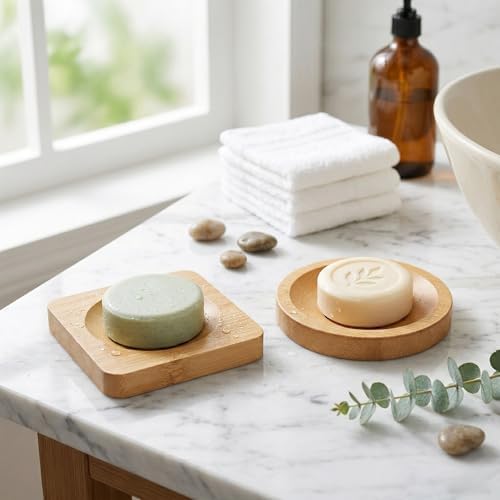 2 Pcs Bamboo Soap Dish Holders, Shower Steamer Holder, Round Natural Wooden Soap Trays, Rustic Bathroom Accessories for Kitchen Bathroom Accessories(Round and Square)