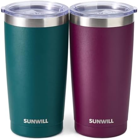 SUNWILL Travel Coffee Mug with Lid, 20 oz Tumbler Set of 2, Insulated Stainless Steel Cup for Drinks， Water, Tea, Powder Coated Forest Green & Plum
