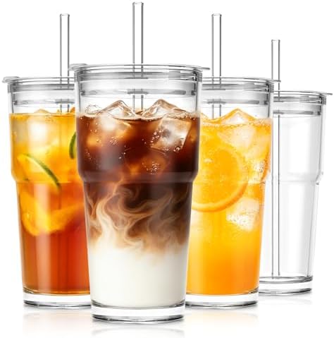 SoulTimes 20oz Clear Tumbler with bamboo Lid and Straw – Iced Coffee Glasses Cups for Smoothie, Matcha, Juice, Water etc. Leakproof and Reusable Glassware Drinking for Travel To Go 【4 Pack】