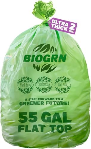 50-55 Gallon Compostable Trash Bags Food Waste Bags Liners with Flat-Top, Thick 2 Mil, 208.2 Liter, 12 Bags, Tall Kitchen Food Scrap Waste Bag, ASTM D6400, US BPI and OK Compost Home Certified