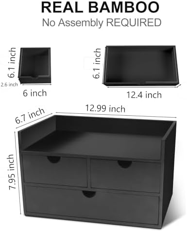 Charmewooden Desk Organizer with Drawers Countertop Drawers Organizer Tabletop Storage Organization Box Home Office Workspace Bathroom Toiletries Supplies (black with shelf)