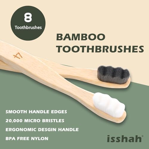 Isshah Extra Soft 20K Bristles Bamboo Toothbrush - Sensitive Gum - 8 Pack