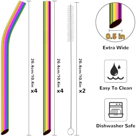 NiHome 8-Pack Stainless Steel Straws for Boba, Smoothie, 10.4” Metal Straws