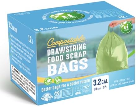 UNNI Compostable Drawstring Bags, 2.6-3.2 Gallon, 60 Count
