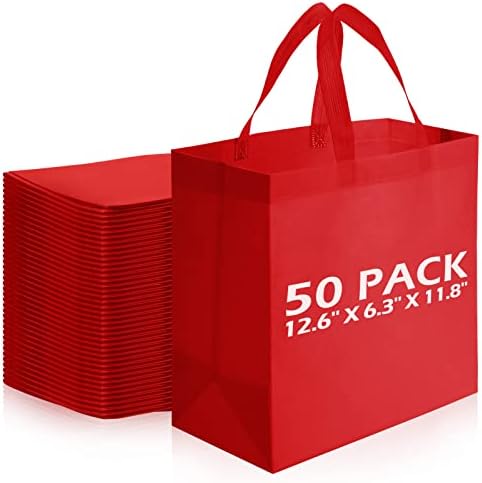 Reginary 50 Pieces Reusable Totes Bag Bulk Shopping Bags Non Woven Grocery handbag with Handles Foldable for Boutiques(Red)