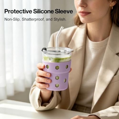 Mrsdry 12oz Iced Coffee Cup with Lids and Straws, BPA Free Reusable Glass Coffee Cups with Silicone Sleeves for Coffee, Iced tea, Thick Wall Glass Cup