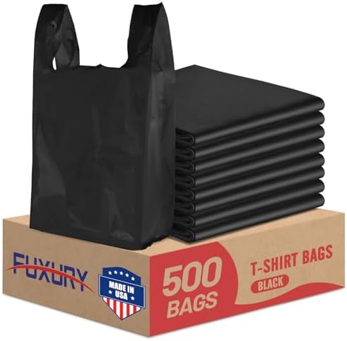 Fuxury 500 Count Plastic Grocery Shopping T-shirt Bags Black with Handles