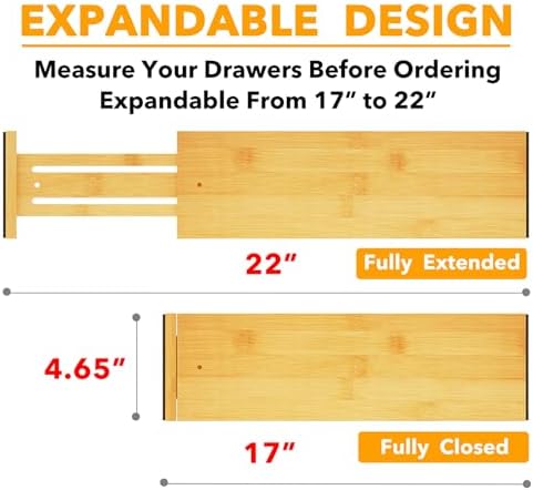 SpaceAid Bamboo Dresser Drawer Dividers 6 Pack, 4.65“ High Adjustable 17“-22” Drawer Organizers, Expandable Organization for Clothing, Clothes, Dressers, Natural