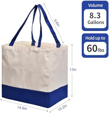 3 Pack Canvas Reusable Grocery Bags Heavy Duty, 8.3 gal Foldable Large Tote Bag with Handles, Holds 60 lbs Canvas Shopping Bags & Washable Eco-friendly Bags with 5 Pockets, Blue+Off White