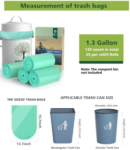 AYOTEE 1.3 Gallon Compostable Trash Bags, Small Compost Bags Biodegradable