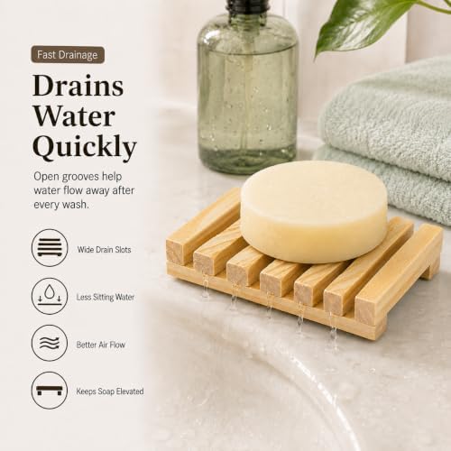 Bamboo Soap Dish for Bar Soap, Raised Wooden Holder with Drain Slots，Natural Pine Wood Soap Box