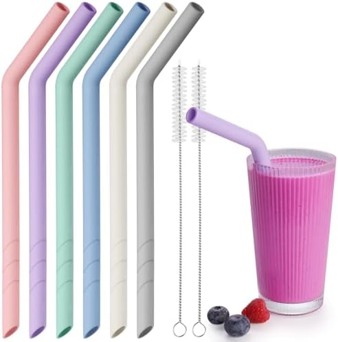 NiHome 6 PCS Extra Wide Reusable Bent Silicone Straws for Boba & Smoothies