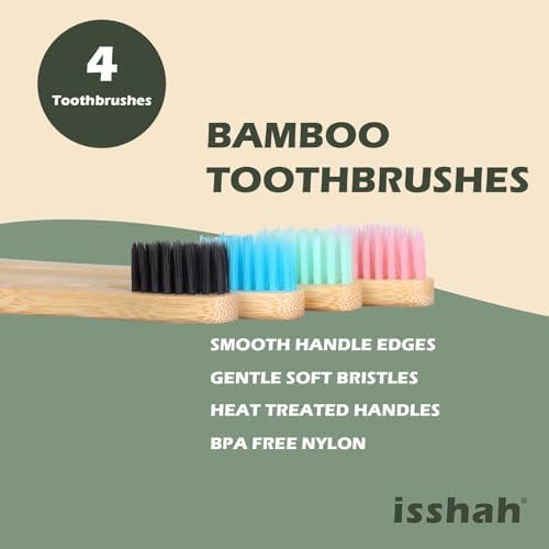 Isshah Kids Bamboo Toothbrushes Biodegradable Handle BPA Free Eco Friendly Children Size, Pack of 4