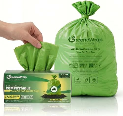 30-35 Gallon Compostable Trash Bags with Flat Top, 20 Count, Heavy Duty 1.6 Mil, Large Outdoor Yard Waste Bags, BPI Certified, ASTM D6400, Compostable Garbage Bags, Fits 30 33 35 Gallon