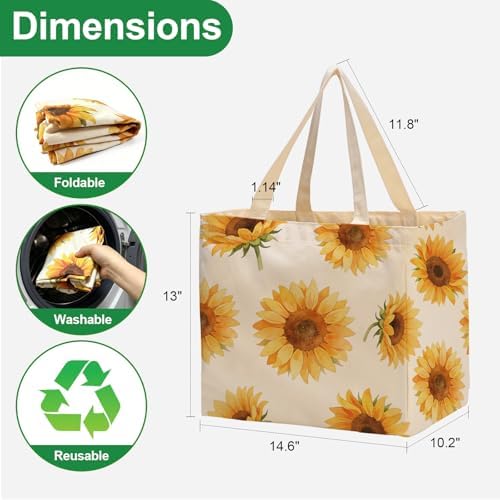 Aesthetic Canvas Reusable Grocery Bags Heavy Duty, 8.3 gal Foldable Large Tote Bag with Handles, Holds 60 lbs & Washable Eco-friendly Bags with 5 Pockets, Beige with a print 3 Bags