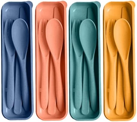 Travel Utensils with Case, 4 Sets Reusable Utensils Set with Case, Wheat Straw Utensils for Lunch Box Accessories, Camping Utensil Set for School Work Lunch or Daily Use