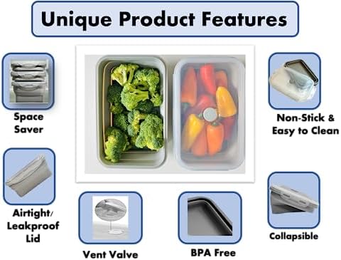 Cocina Vida Collapsible Silicone Food Storage Containers with Airtight Lids | Kitchen Stackable Lunch Box Microwave Dishwasher Safe| Set of 4 Silicone Food Storage Containers
