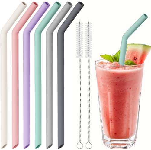 NiHome 6-Pack Wide Reusable Bent Silicone Straws for Smoothies, Milkshake