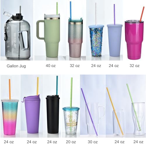 ALINK 12-Pack Reusable Glitter Straws, 13 inch Extra Long Hard Plastic Tumbler Straws for Stanley Cups, 64 oz 40 oz 32 oz Tumblers, Yeti, Mason Jar, Gallon Jug with Brush - Assroted Colored